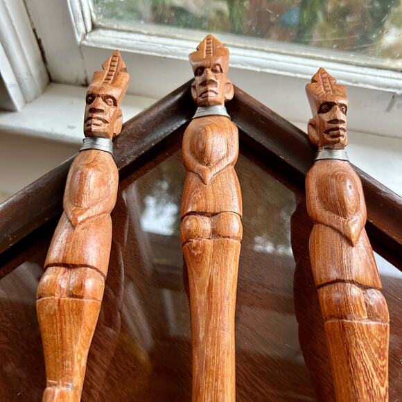 Vintage Hand Carved African Tribal Knife Fork Spoon Serving Utensils - Picture 14 of 15